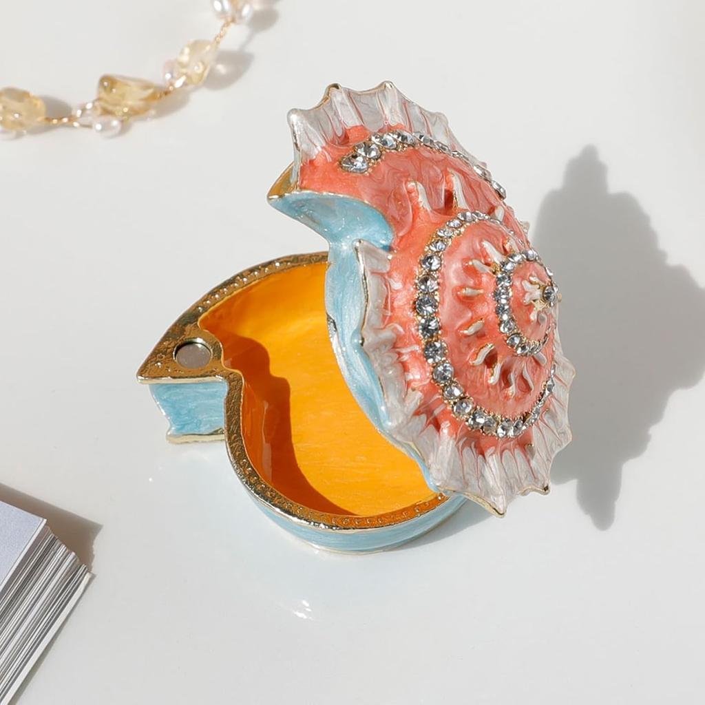 Mini Conch Jewelry Box Enamel Conch Trinket Box Vintage Crystals Jeweled Trinket Box Jewelry Organizer Zinc Alloy Decorative for