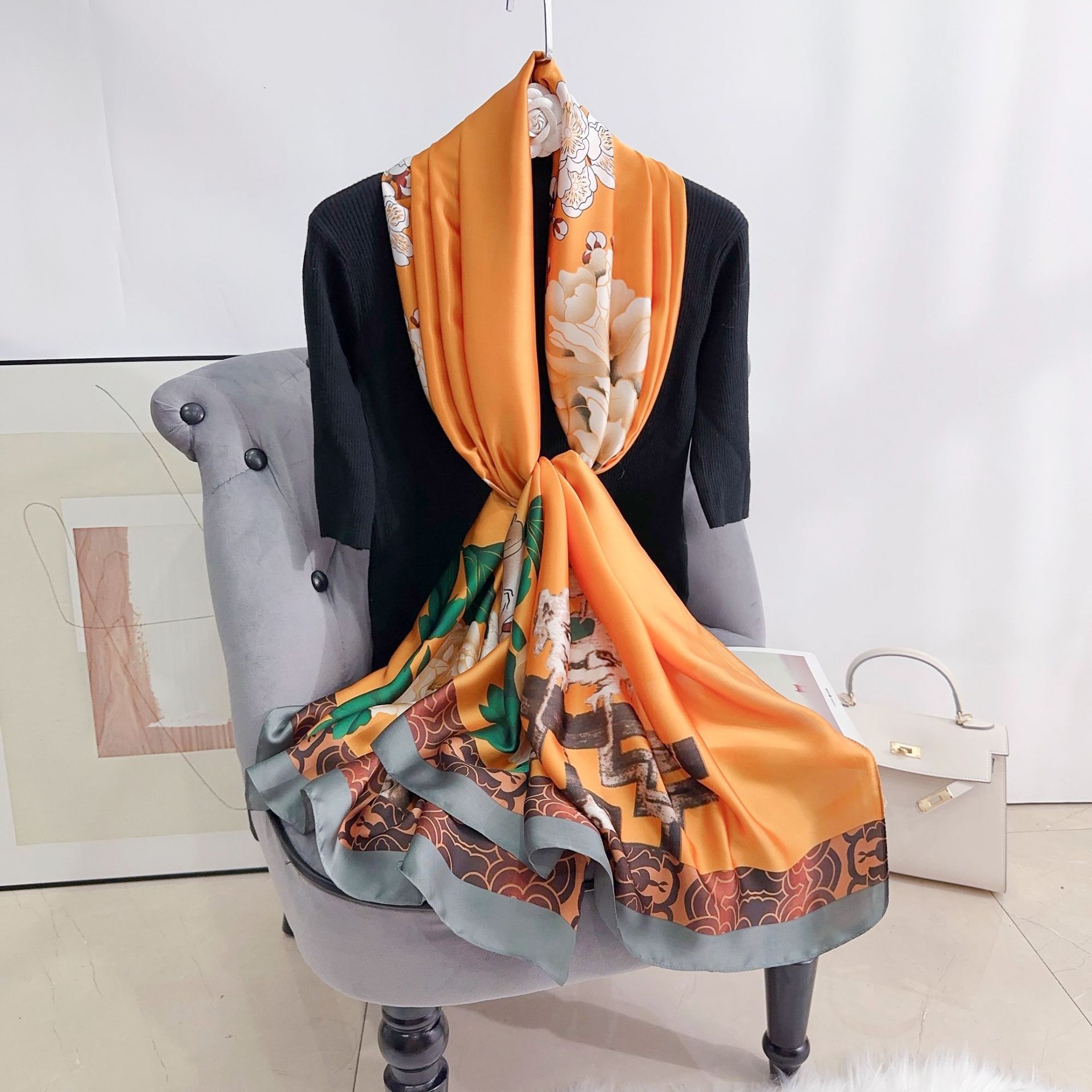 

Шелковый цветочный принт шарф в китайском стиле винтажный красный зеленый цвет блок ветрозащитный дышащий головной убор шаль для женщин 180*90CM