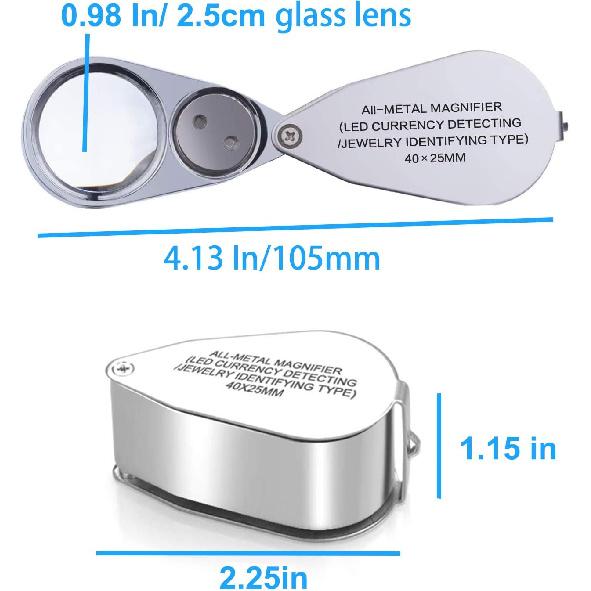 2 Pack 40X Illuminated Jewelers Loop, JLY Pocket Folding Full Metal Jewelers Loupe Magnifying Glass with Lights for LED Currency Detecting, Jewelry