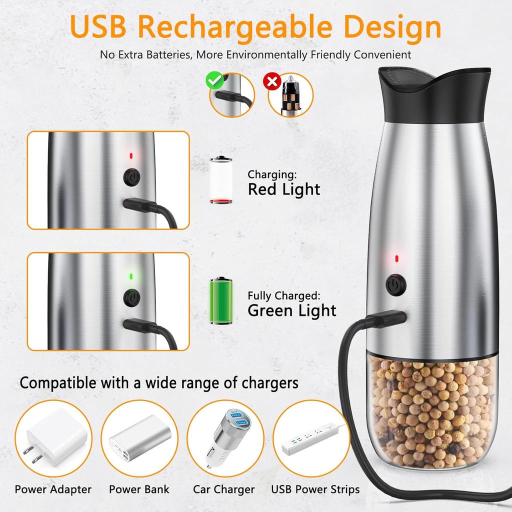 Gravity Electric Salt and Pepper Grinder Set, USB Rechargeable, No Battery Needed, Adjustable Coarseness, Automatic Mill Grinder with Warm LED Light,