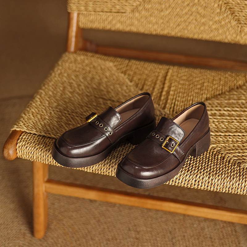 Krazing Pot Cow Skin Autumn Winter Shoes Chunky Heels Size 43 Size 42 Round Toe Slip on Metal Buckle Deep Mouth Pumps