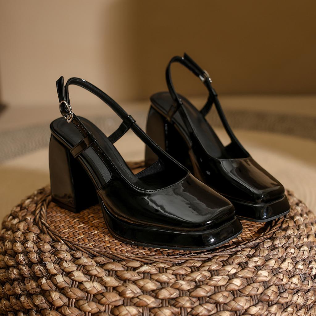 European and American retro square head Mary Jane shoes spring 2025 empty high heels waterproof table patent leather thick heel single shoes women