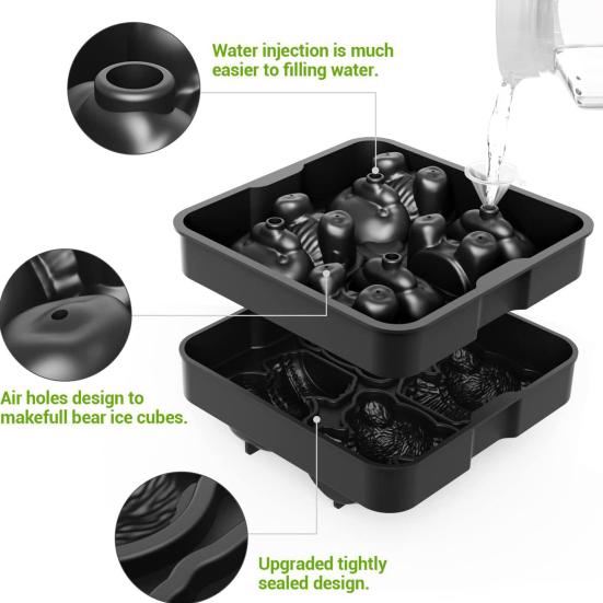 Ice Cube Tray 3D Bear Shape Food-grade Silicone Ice Mold Dishwasher Safe Slow Melting Cocktail Ice Mold