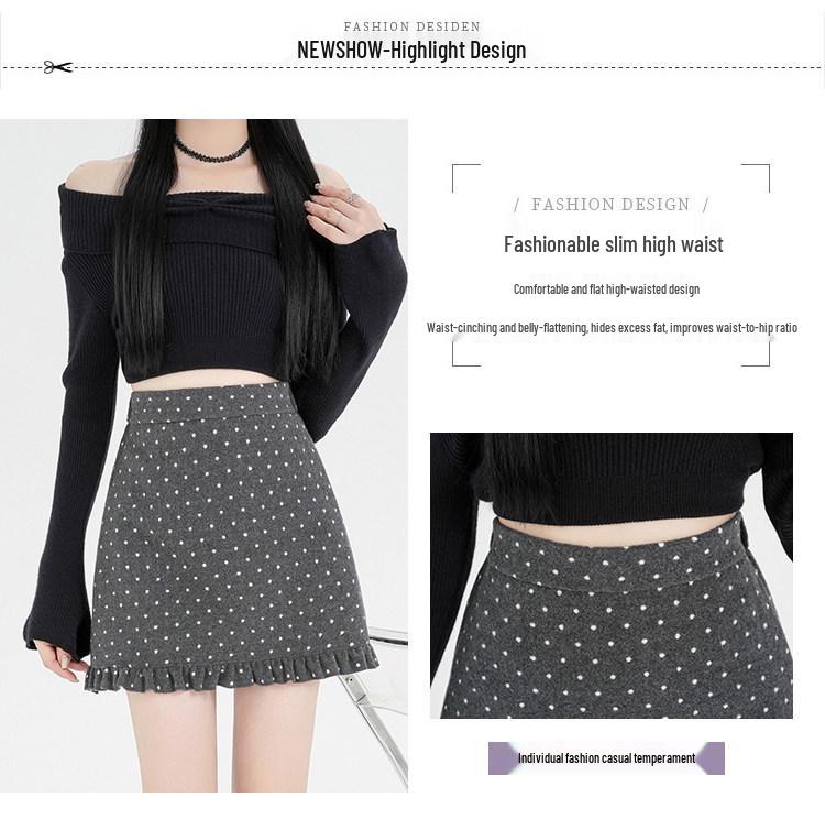 Women's Slim Fit Wool Polka Dot Ruffle Mini Skirt - High Waist, Casual Autumn/Winter A-line