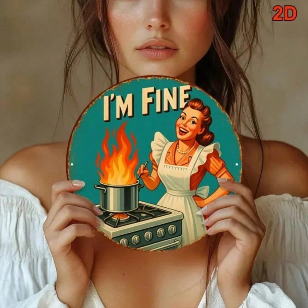 

Vintage I M FINE Retro 1950s Housewife Kitchen Wall Decor Sign Funny 2D Metal Art Print For Cafe Restaurant Easy Hang 20x20 різнокольоровий