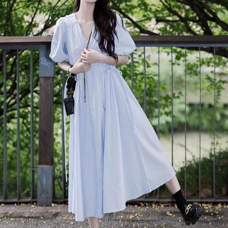 French Blue V-Neck Puff Sleeve Tea Break Dress - Women's Summer Slimming Lace-Up Waist Elegant Skirt