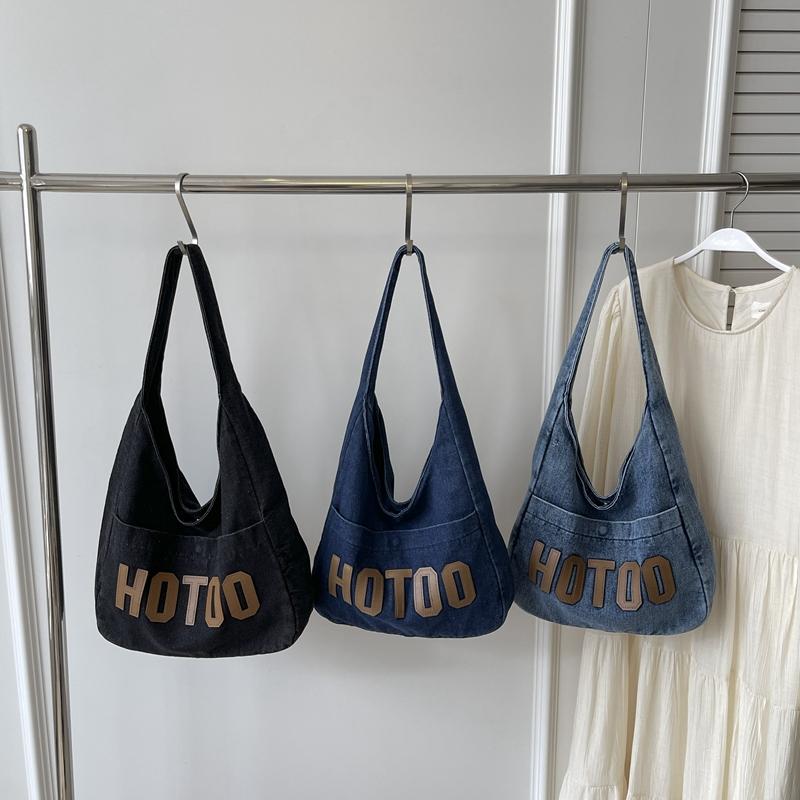 Student Shoulder Bag Letter Print Denim Bag Women's Large Capacity Commuter Tote Bag