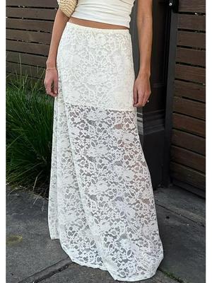 Women's A-line White Lace Midi Skirt - Spring French Temperament, High Waist, Peplum Design