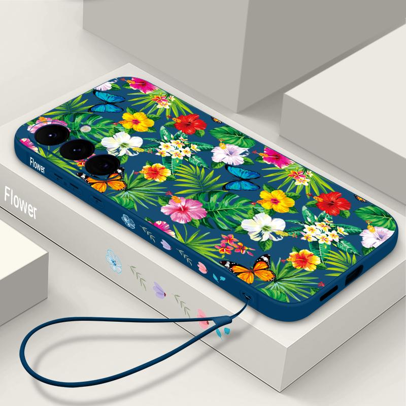 Pink Flower Pattern Lanyard Phone Case For Samsung Galaxy A57 A17 A56 A16 A55 A15 A36 5G S25 FE S26 S24 S23 S22 Ultra Soft Cover