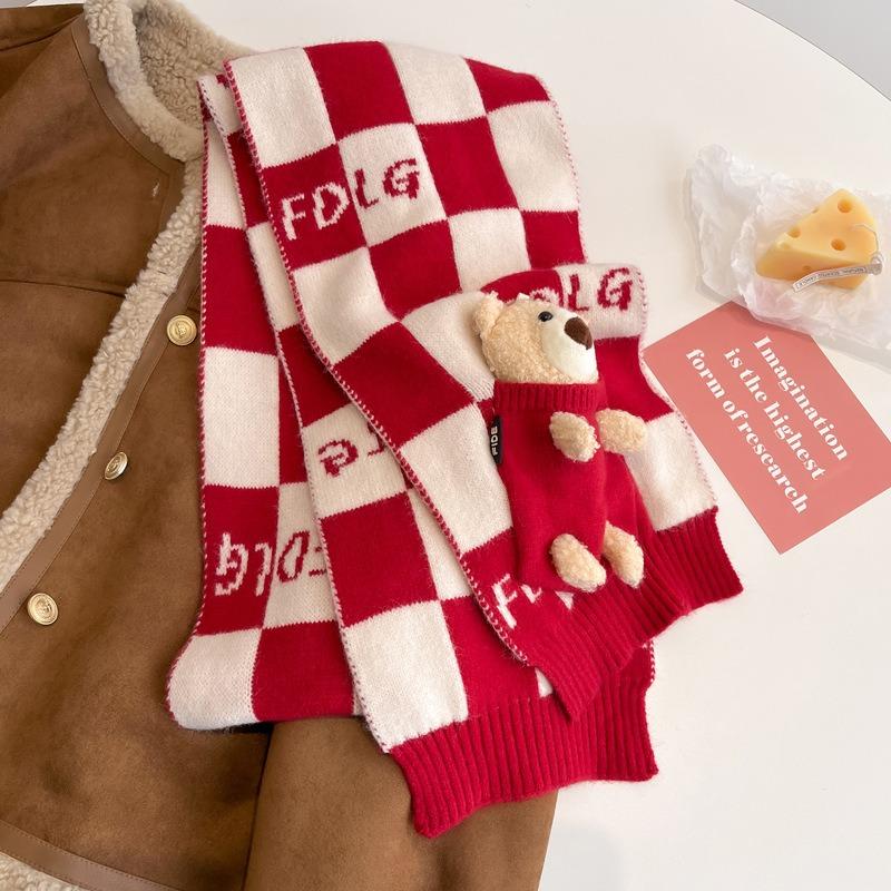 Christmas red scarf bear checkerboard wool small scarf women's winter white warm knitted scarf