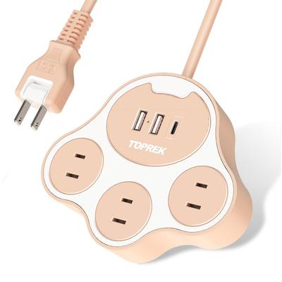 TOPREK Régua de Energia Pata de Gato, Rosa, Cabo de Extensão com Tomadas USB, 1,5M, 3 Tomadas, 3 USB-C (Carregamento Rápido USB-C 20W PD3.0), 1500W12A, Plugue Giratório 180°,