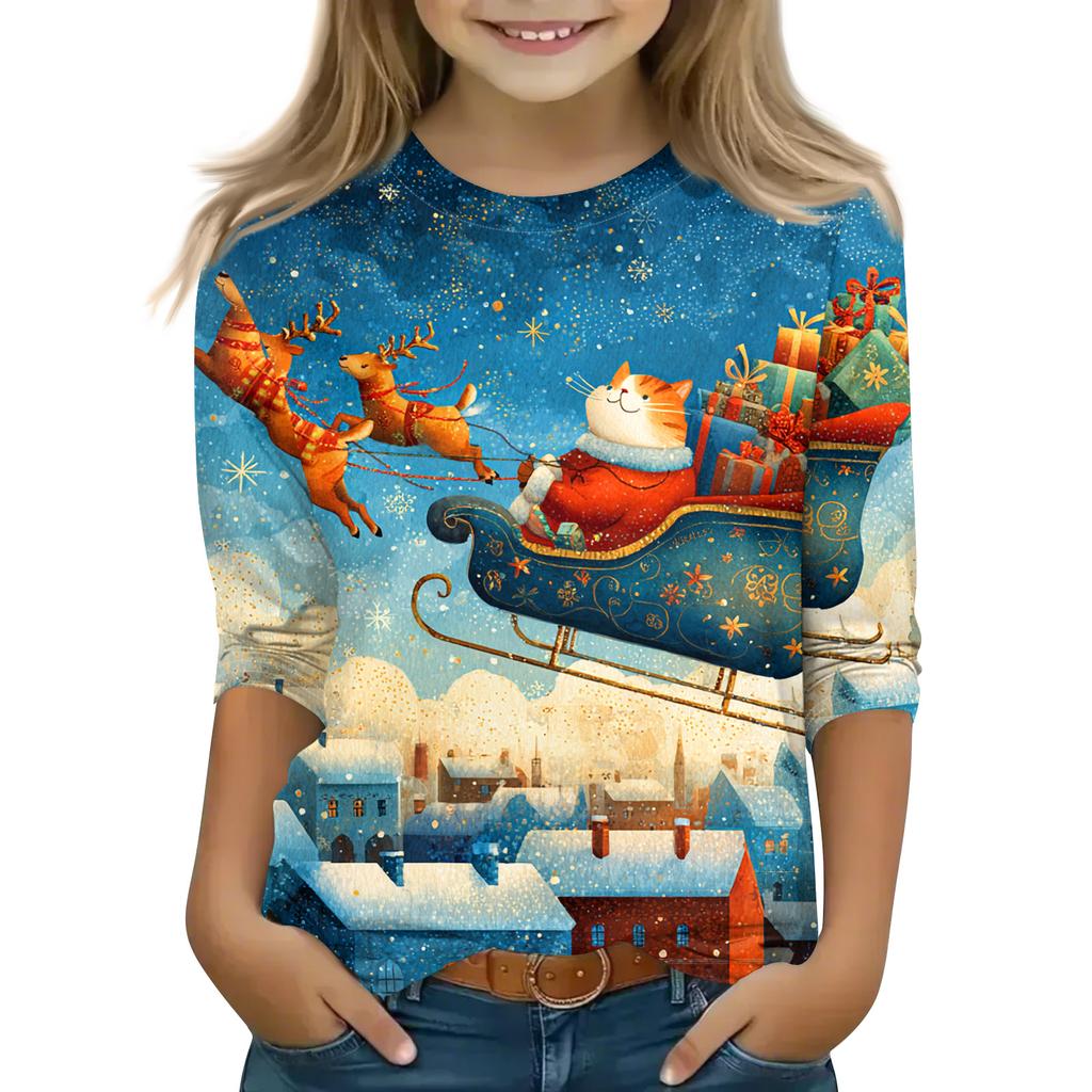Christmas Day Print Tops For Youth Girls 5-16 Years Round Neck 3/4 Sleeves T-Shirts Trendy Tops Outfit Tees