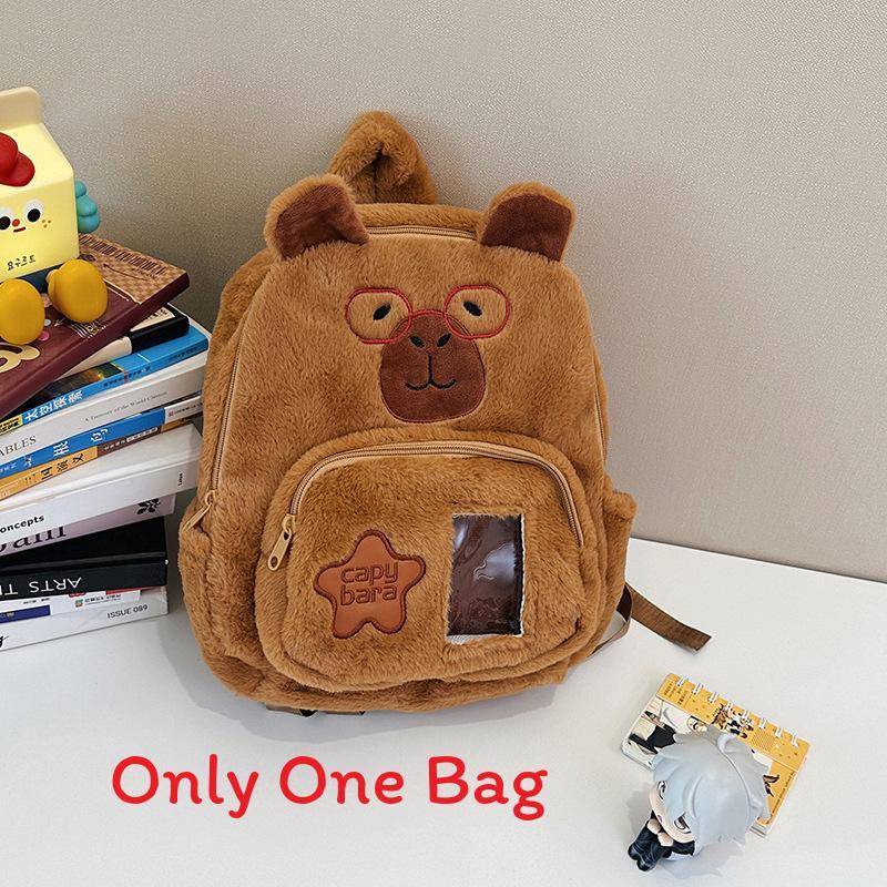 Plush Cartoon Capybara Backpack With Front Pouch For Teen School Travel