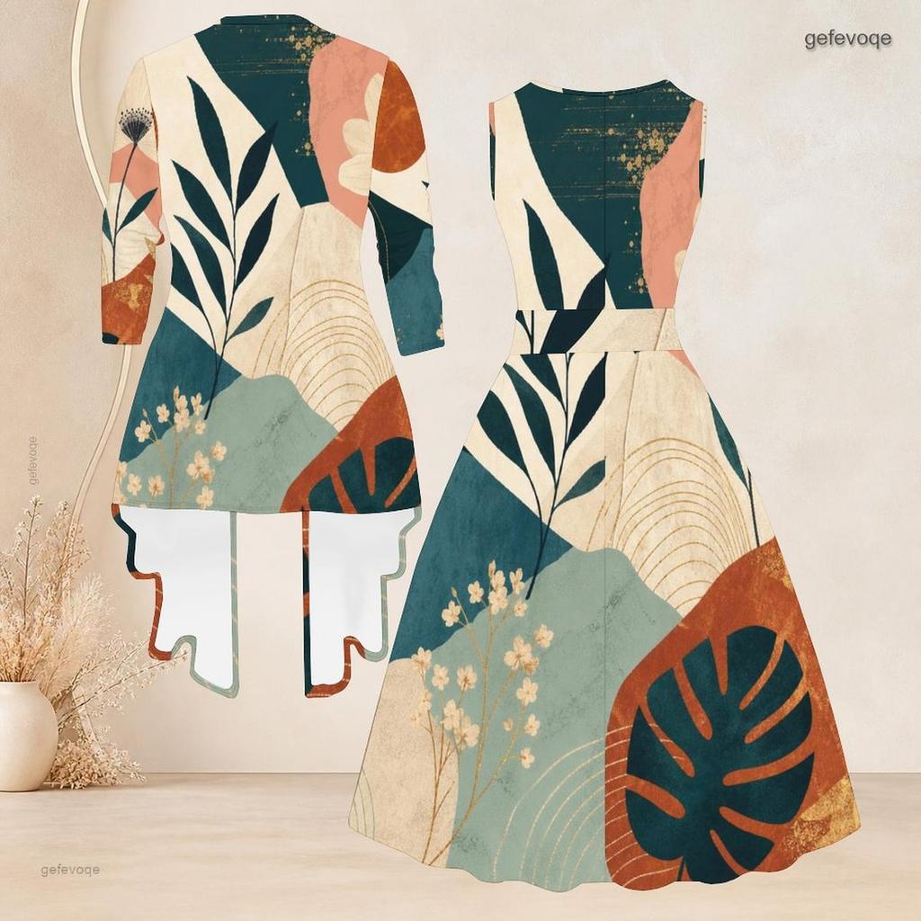 Women Plus Size Two Piece Outfit 3 4 Sleeve Open Front Cardigan Sleeveless Crew Neck Printed Tie Waist Flared Dress