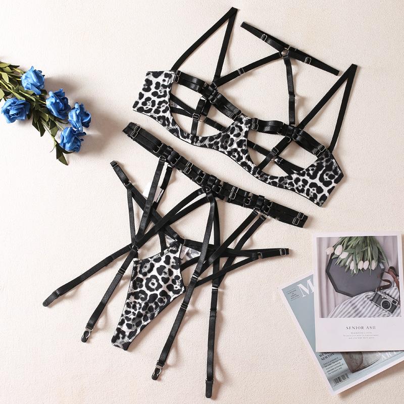 Sexy Leopard Exotic Lingerie Set Sensual Outfits Delicate Bandage Hollow Push Up Bra Thong Garter Belt Stockings Underwear