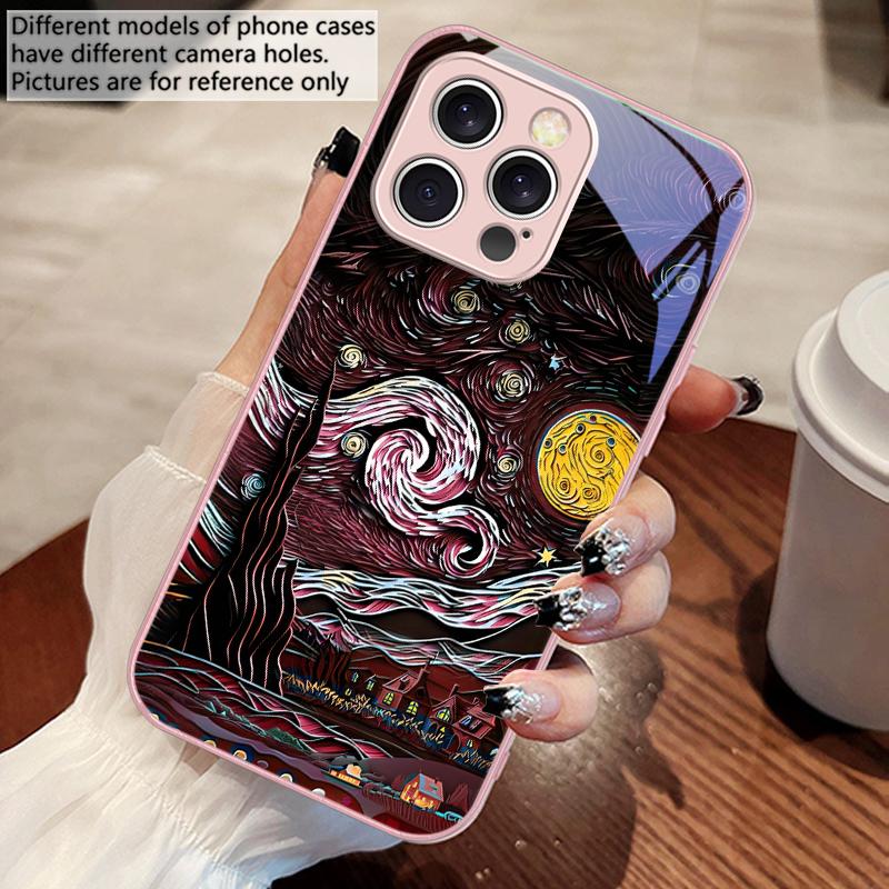 Oil Painting Starry Sky For iPhone 16 E 15 14 13 Plus 12 Mini 11 Pro Max XR Xs Max X 7 8 6 6S 2022 Tempered Glass Phone Case