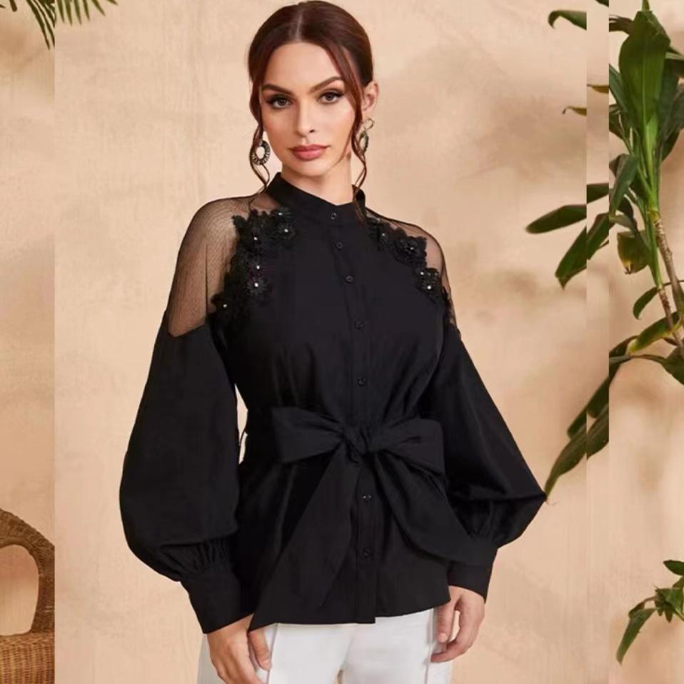Lace Chiffon Blouse 2024: Sexy Hollow Sleeve, Solid Color Button Tie Women's Top