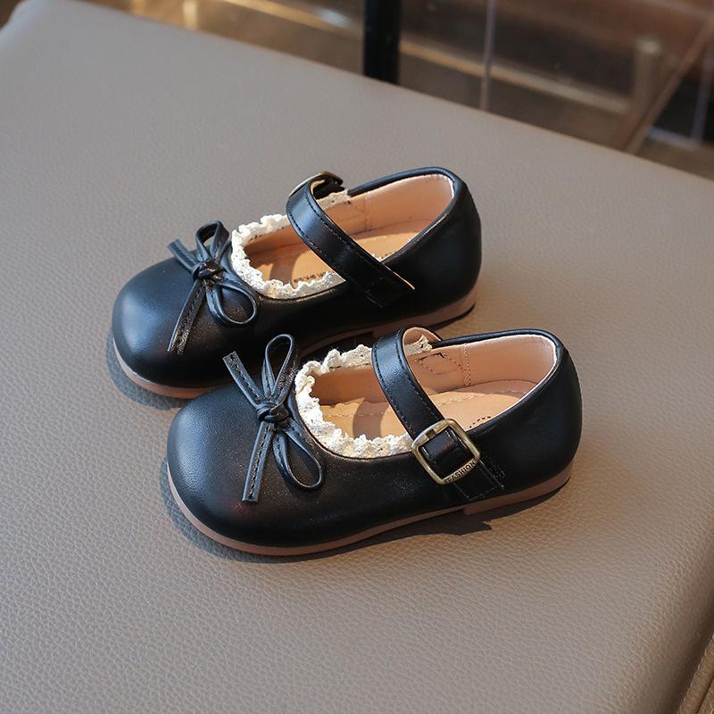 Kids Girls Cute Solid Color Round Toe Bowknot Korean Style Casual Leather Princess Shoes 22
