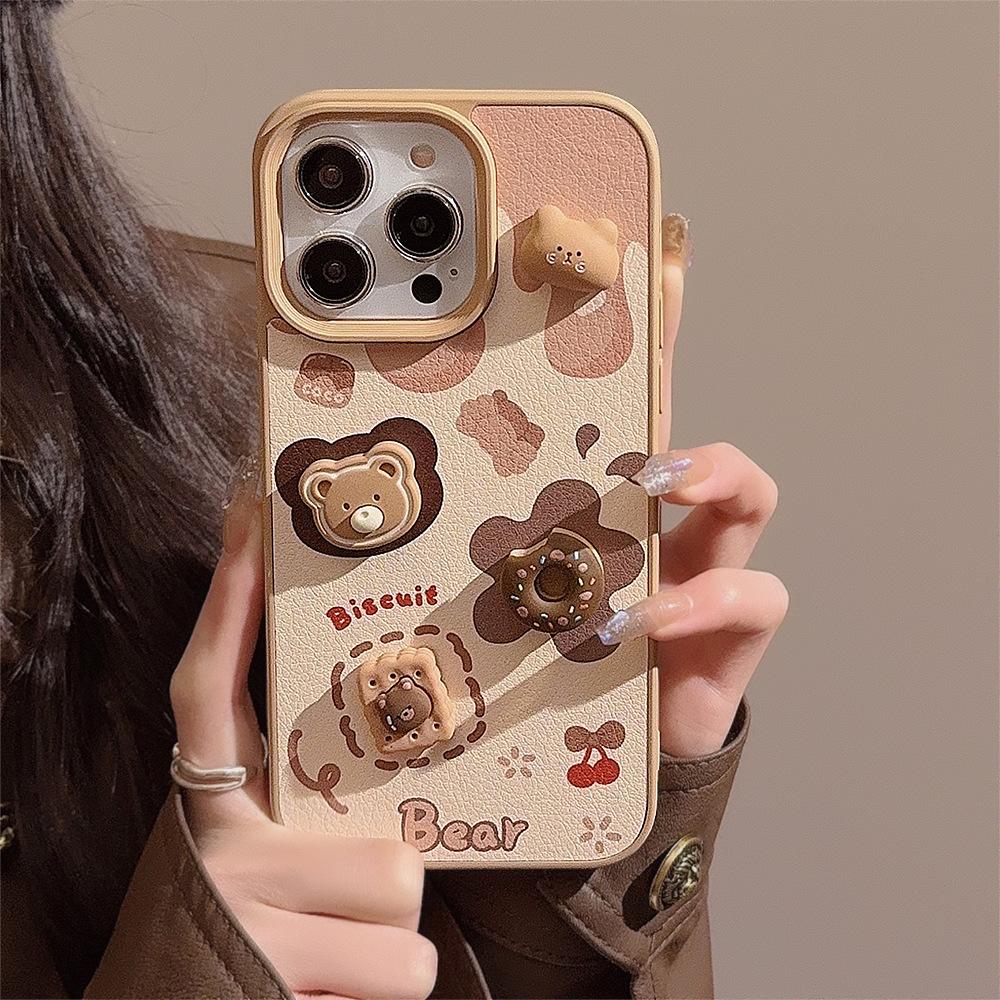 

Three-dimensional Cookie Bear for IPhone 16 Phone Case 17 Promax Leather 13 for IPhone 15 Cute Lanyard 12 Hard 11 6.1