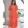 Summer Sexy Deep V-neck Long Dress For Women Office Lady Solid Puff Sleeve Dress Fashion Casual Shirring A-line Robe 25816
