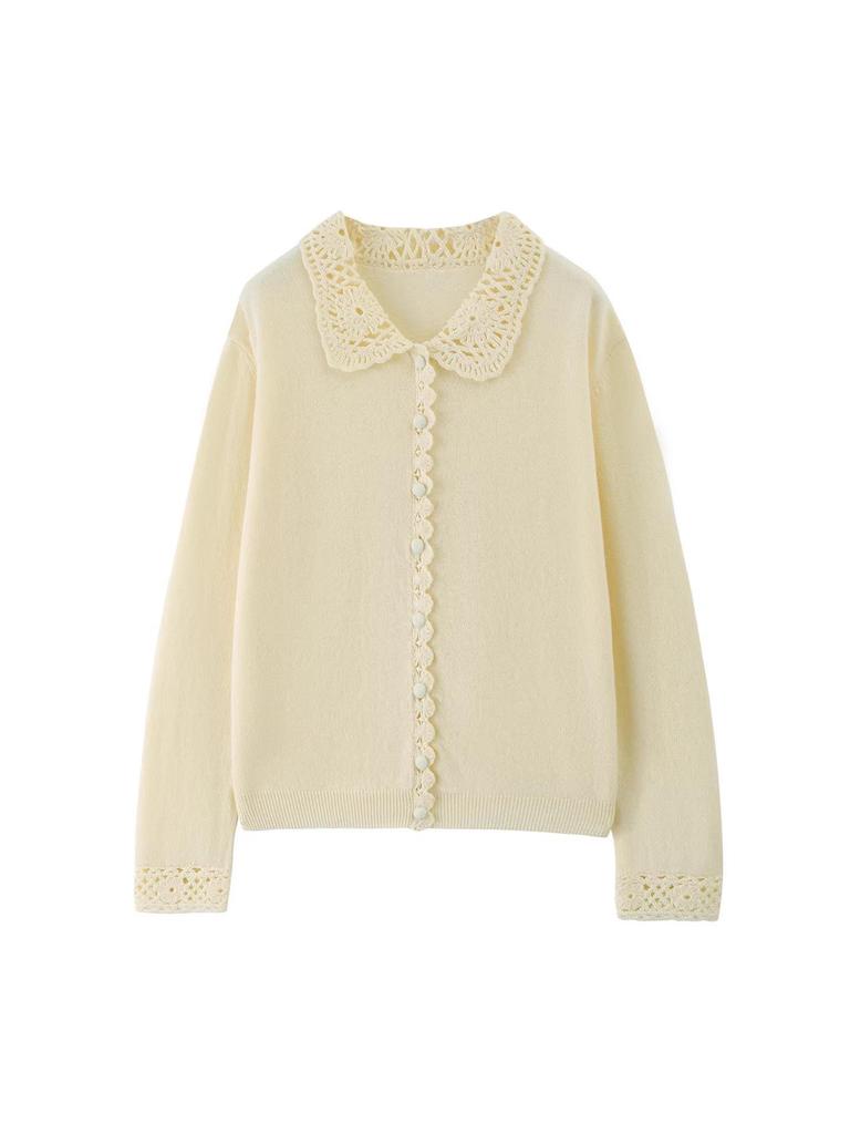 2026 Spring/Autumn Women's Crochet Lace Collar Mercerized Wool Cardigan, Machine Washable Knit Jacket.