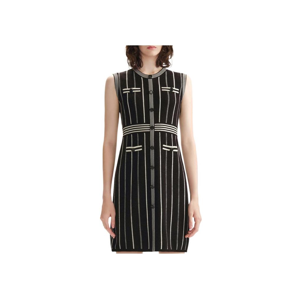 Karl Lagerfeld French Chic Striped Print Short Sleeve Round Neck Buttoned Sleeveless Dress Women Dresses Multicolor 236L1325