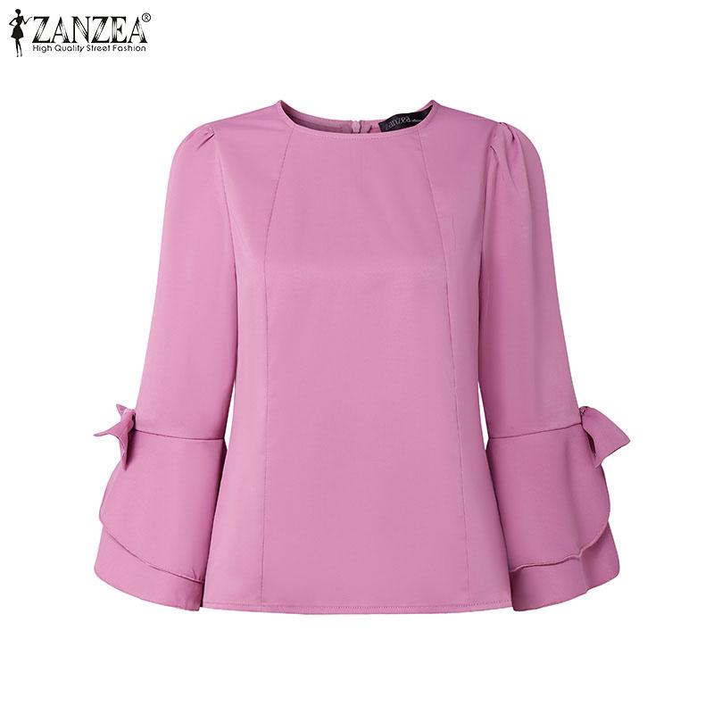 ZANZEA Women Casual Round Neck Flare 3/4 Sleeve Plain Blouse