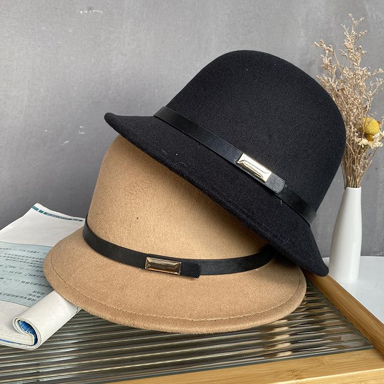 High quality belt buckle black fisherman's hat children autumn and winter British style simple temperament wool woolen basin hat felt hat