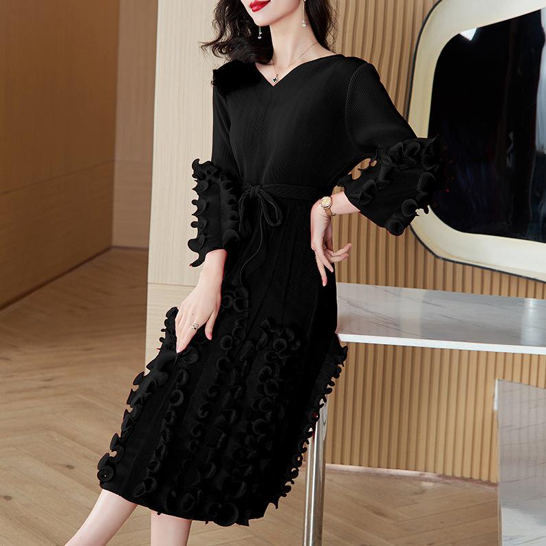 Pleated Ruffle Long Dress - 2025 Women's Spring/Autumn Slimming Loose Fit