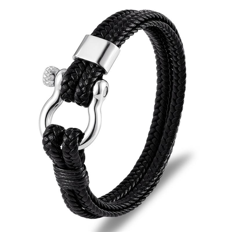European and American Bracelets Men s Genuine Leather Woven Titanium Steel Bracelets Horseshoe Buckles Stainless Steel Jewelry Bracelets Bracelets