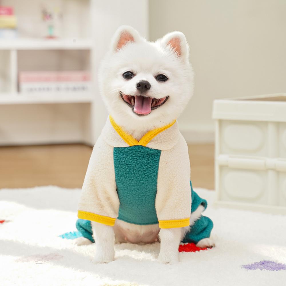 Warm Dog Jumpsuit Stand Collar Cartoon Bear Pattern Dog Four Legged Pants  Fleece with D Ring Puppy  Coat