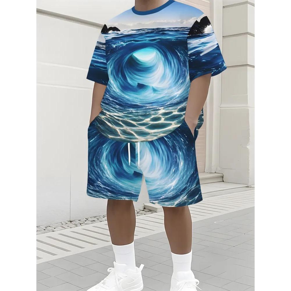 Summer Men's Fun Colorful Creativity 3D Printing Casual Sports Round Neck Short Sleeved Set Fashionable Comfortable Breathable Large Size Sports Wear
