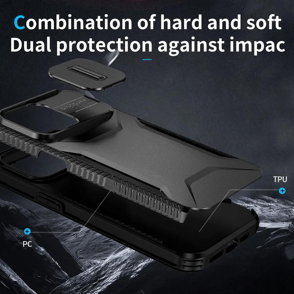 Coque de téléphone blindée hybride antichoc pour iPhone 13 14 15 Plus 16 17 Pro Max Fenêtre coulissante push Cadre en TPU Housse arrière en plastique rigide