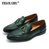 Fashion FELIX CHU Men's Genuine Leather Handmade Loafers Green/Black Tassel Dress Shoes Autumn Wedding Moccasin Party Footwear