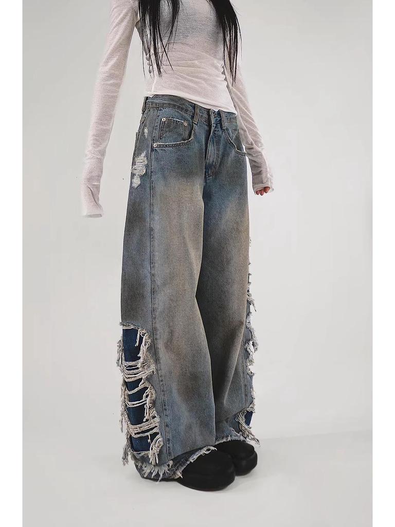 Trendy Korean Tassel Ripped Jeans: Washed, Punk Style, Straight-Leg, Draping Long Pants for Teenagers