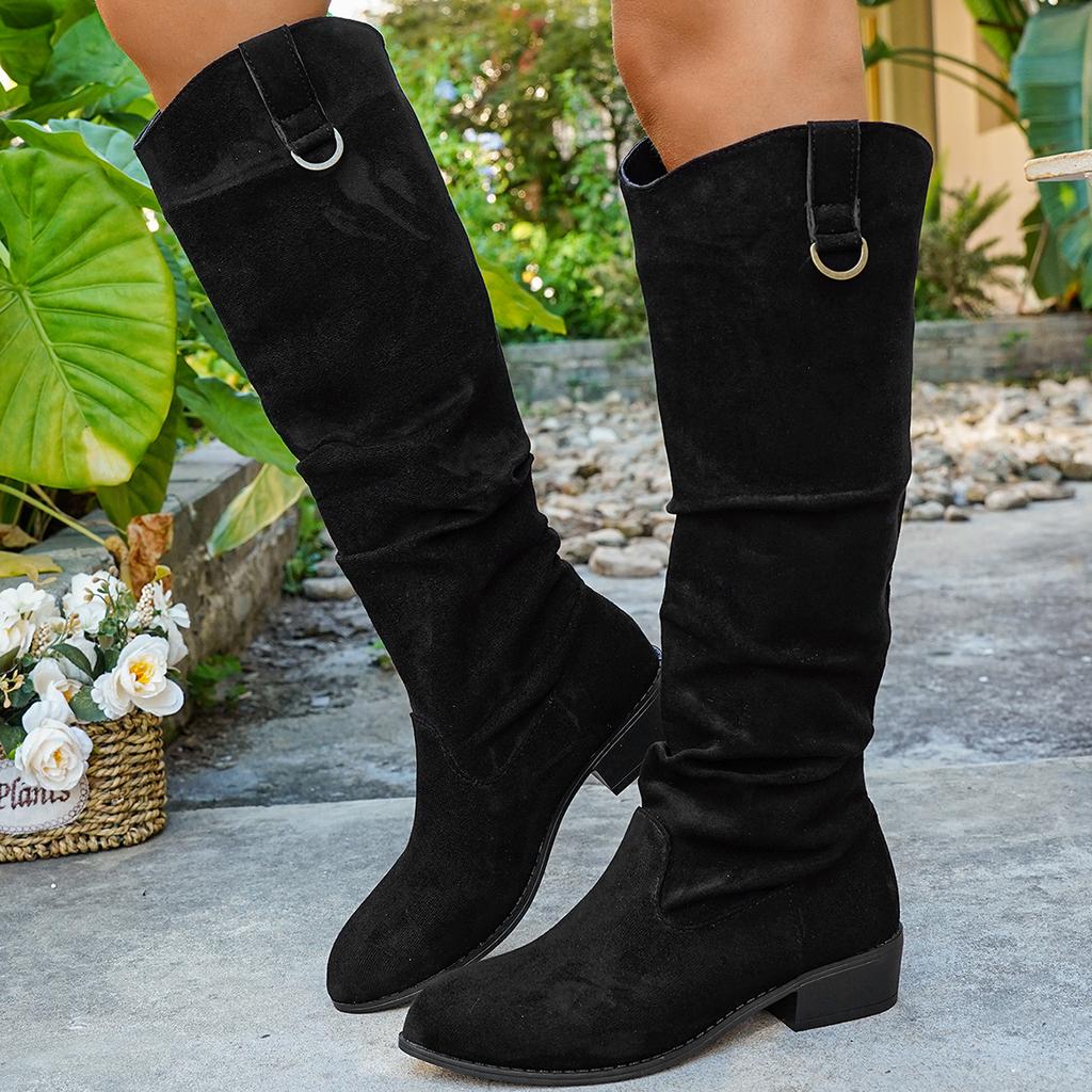 Nowe Czarne Kozaki Damskie Czarne Nude Zamsz Ekologiczny Flock Kozaki za Kolano Damskie Niskie Obcasy Jesień Zima Sukienka Botas Mujer