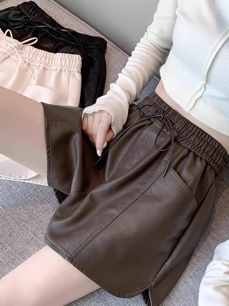 Women's High-Waist Khaki PU Leather Shorts, Autumn/Winter 2024, European Style, Casual A-Line Boot Pants by Melaard