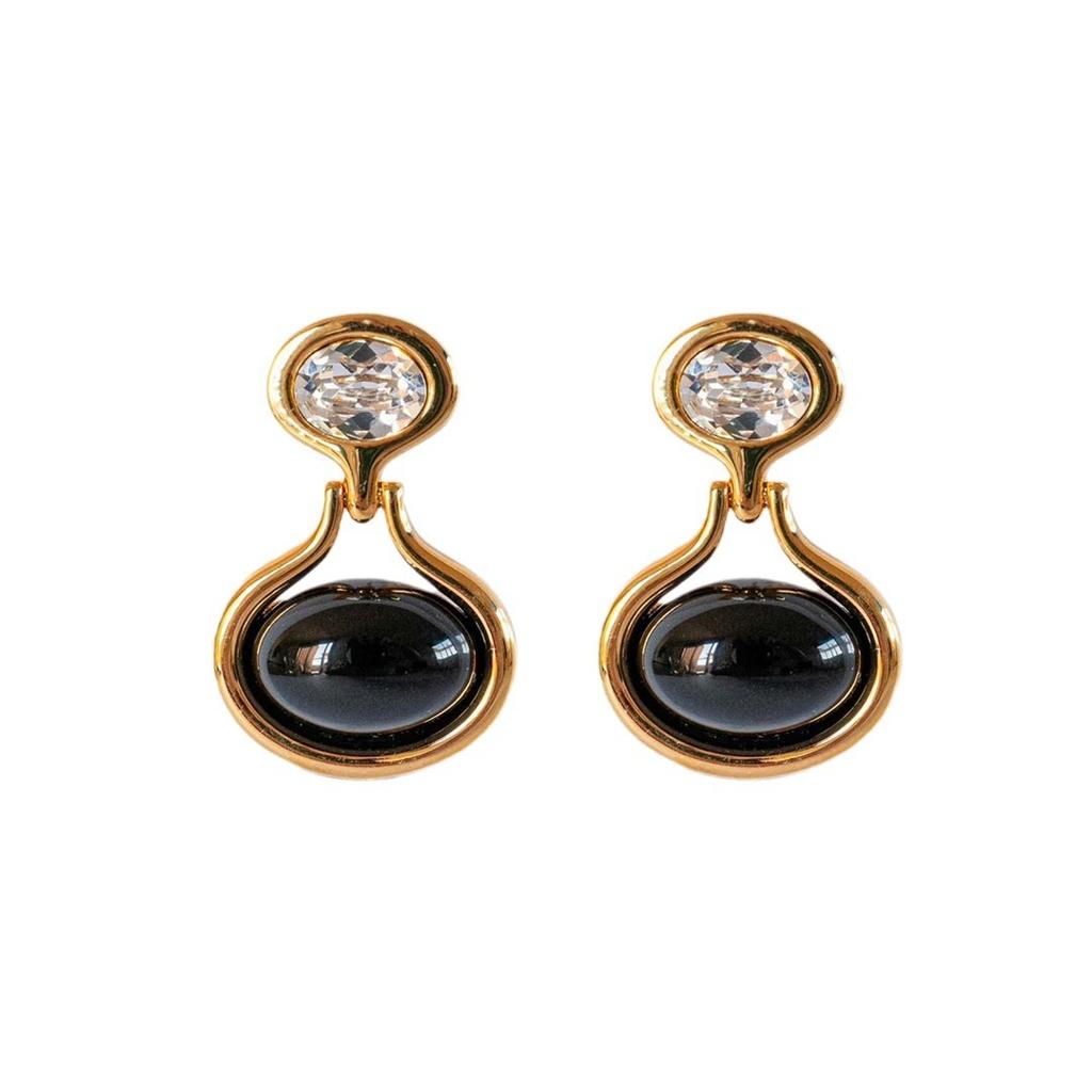 Modische Pendler Premium Metall Kupferbeschichtet 18K Echtgold Eingelegt Schwarzer Achat Diamant Ohrstecker Retro Personalisierte Ohrringe