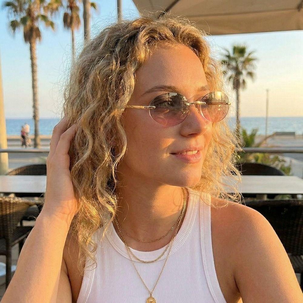 Vintage Rimless Oval Sunglasses Gradient UV Protection Sunglasses Sweet Cool Fashion Shades  Travel