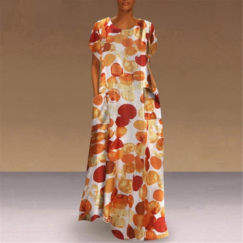 

EBA Fashion Short Sleeve Big Swing Long Dress Crew Neck Creative Printed Dress SX S