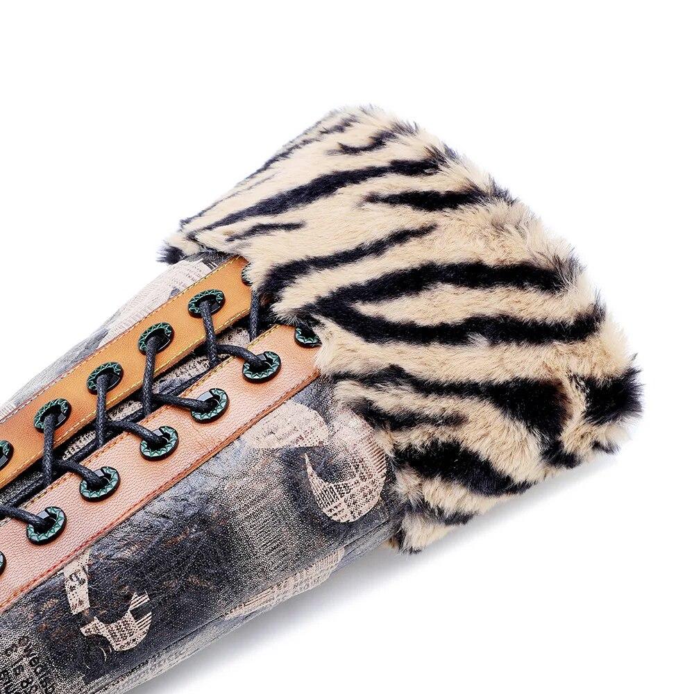 Johnature Genuine Leather Patchwork Printed Long Boots Fashion Versatile Leopard Print Fur Collar Women Shoes