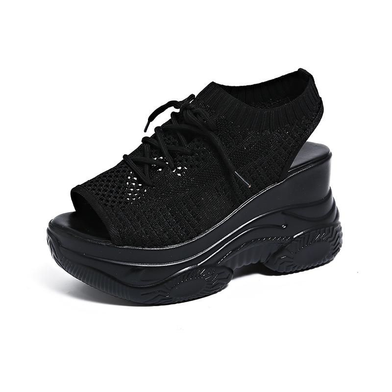 Womens Hollow Out Sport Sandals Fabric Lace Up Footwear Front Vulcanized Shoes For Women Thick Platform Wedge Sandals