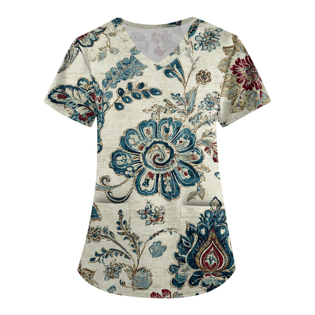 Women's Cute Printed Work Clothes V-neck Double Layer Pockets Basic Short Sleeve Top Pullover Valentines