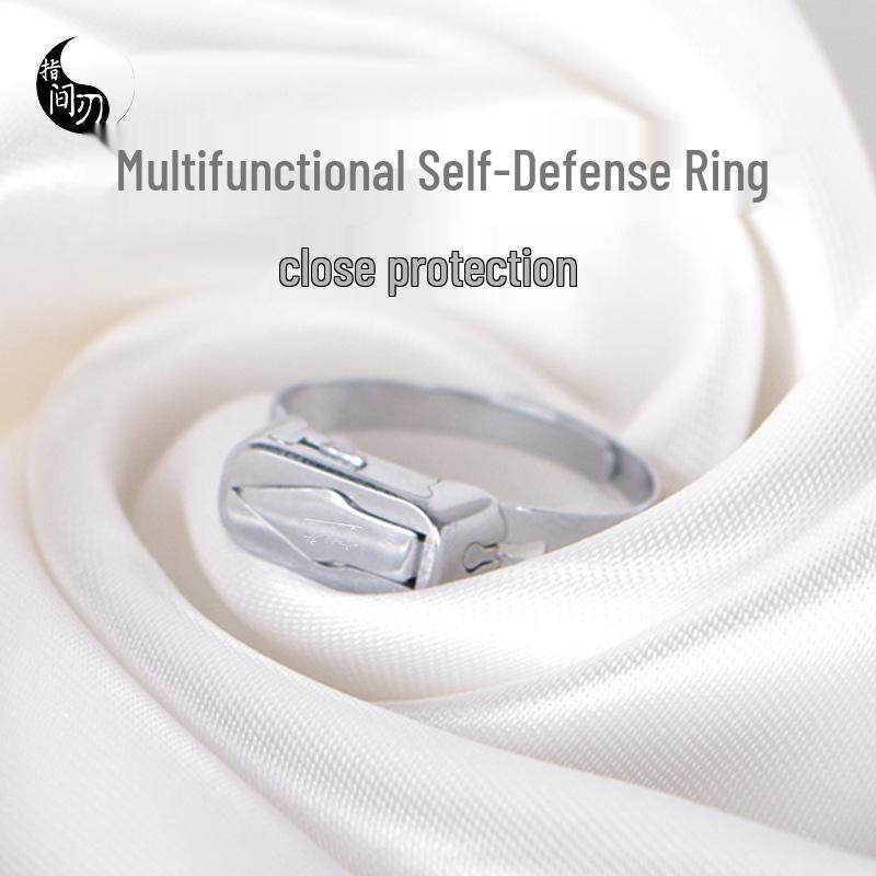 Adjustable Silver Titanium Steel Geometric Hidden Blade Self-Defense Ring