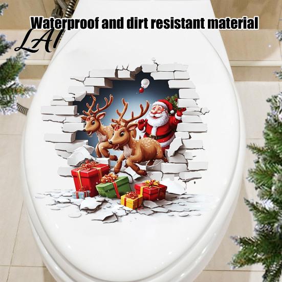 Funny Gift for Christmas Santa Claus Toilet Sticker Elk And Box Print 3D Waterproof PVC Wall Clings Decal Removable Sticker Bathroom Stickers