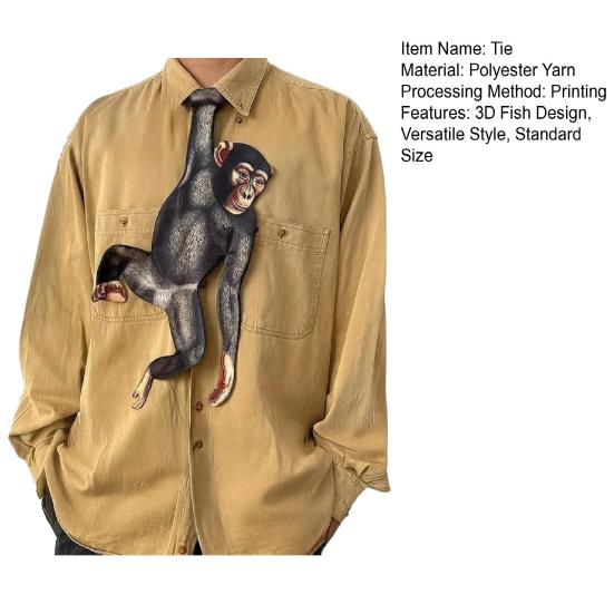 Men Shirt Tie 3D Fish Monkey Design Velvet Necktie Animal Bow Tie Neckwear Realistic Texture Versatile Style Necktie