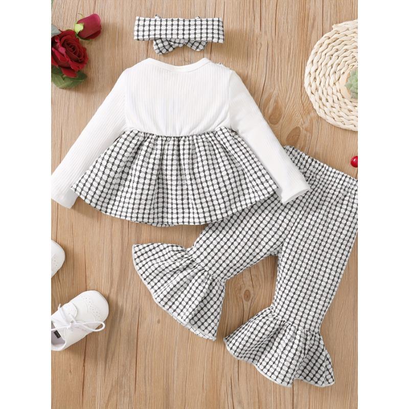 Toddler Baby Girls All-match Cute Bow Plaid Long Sleeve Dress Top & Flared Trousers Set, Kid's Patry Casual Clothes