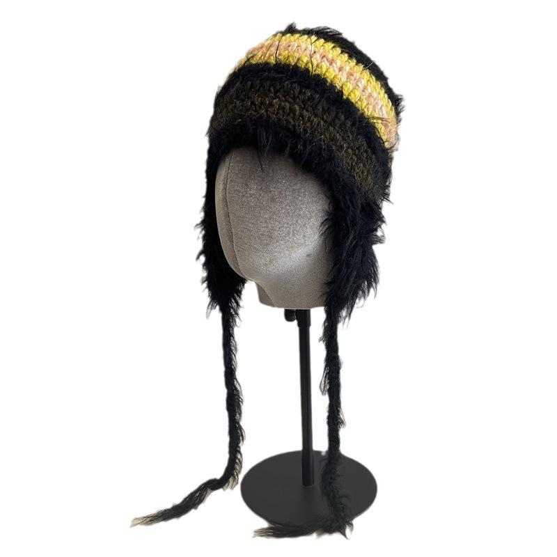 College style rabbit hair wool contrasting colors women's autumn and winter warm wool feeling outdoor cold ear protection flying hat