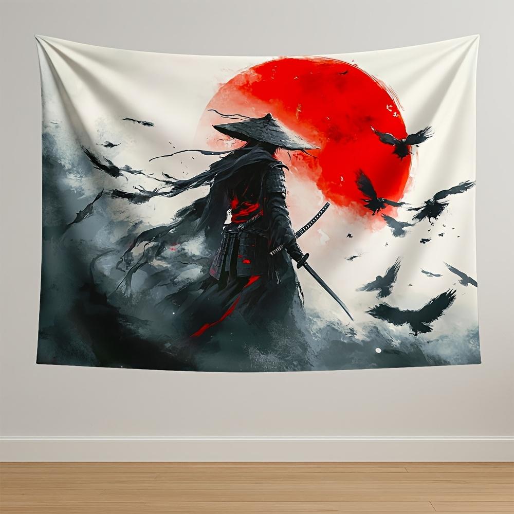 Samurai Warrior Tapestry Red Sun Flying Crows Dramatic Clouds Ancient Symbols for JapaneseInspired Home Decor Wall Art