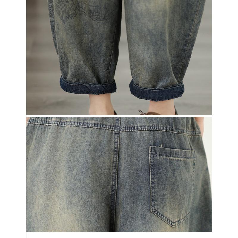 DIMANAF 2026 Été Nouveau Grande Taille Femmes Jeans Taille Élastique Imprimé Pantalon Long Lâche Décontracté Impression Denim Coton Pantalons Pantalon